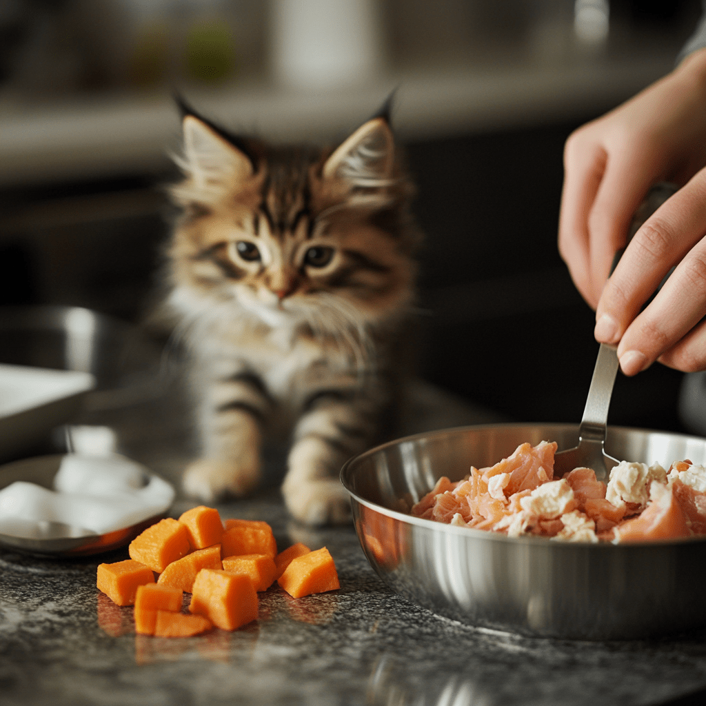 A person preparing homemade kitten food