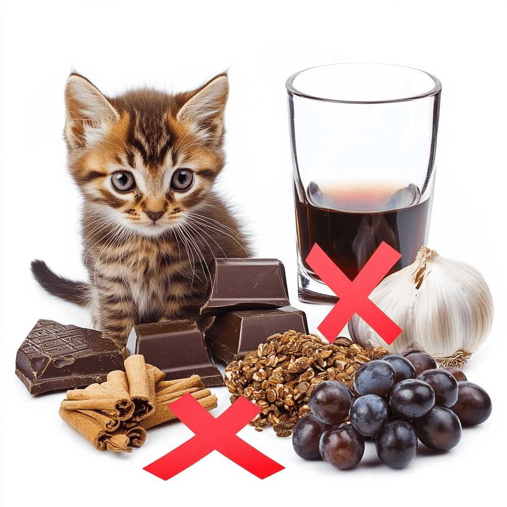 Harmful foods and substances for kittens highlighted