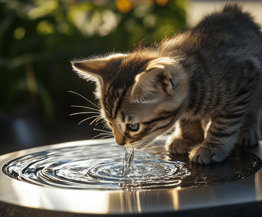 A kitten drinking water from a pet fountain.