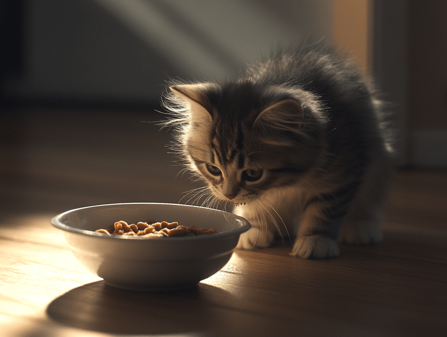 A bowl of wet cat food placed beside a water bowl, with a kitten enjoying the food.
