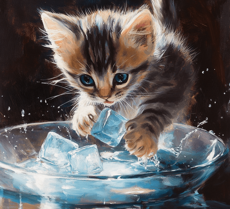  A playful scene of a kitten chasing ice cubes in a water bowl.