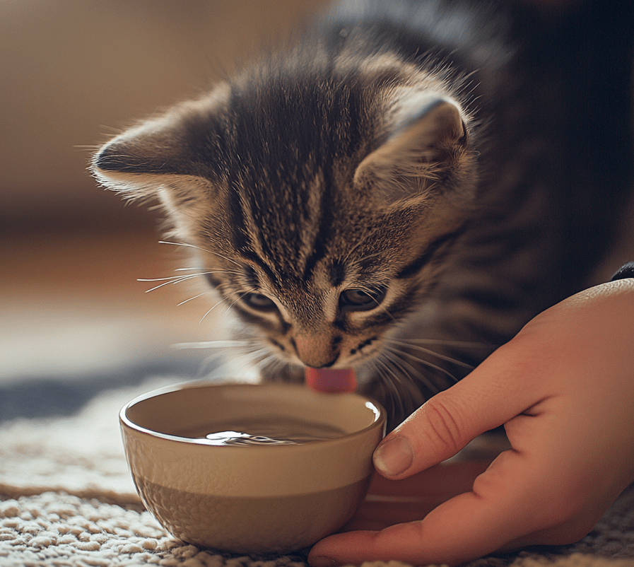  A playful scene of a kitten chasing ice cubes in a water bowl.