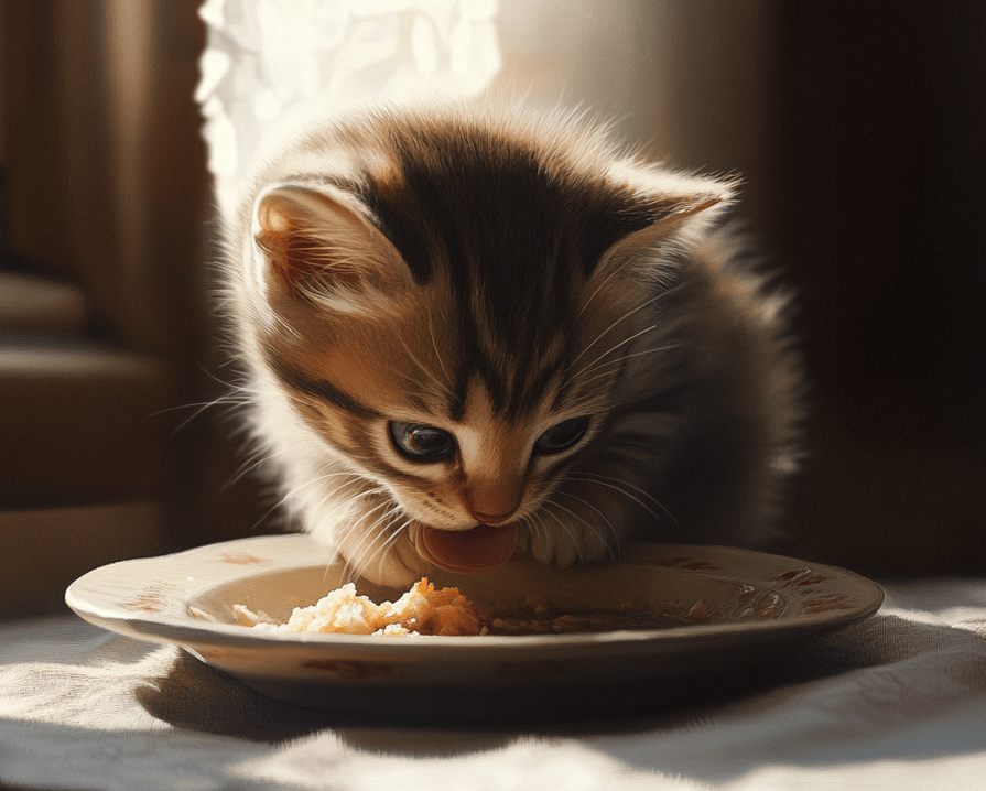 A kitten eating a small portion of food from a shallow bowl.
