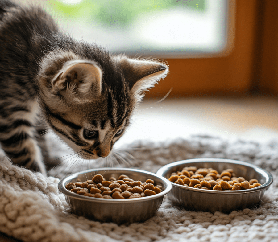 A kitten curiously sniffing a bowl of solid food while another bowl with wet food is nearby.