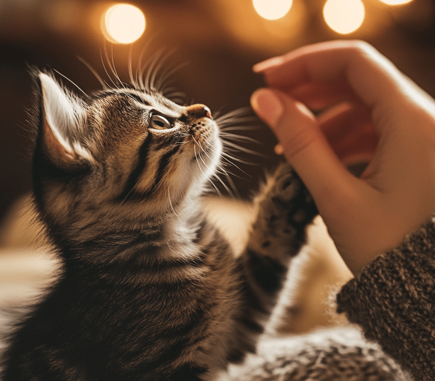 A happy kitten with a shiny coat playing with its owner.