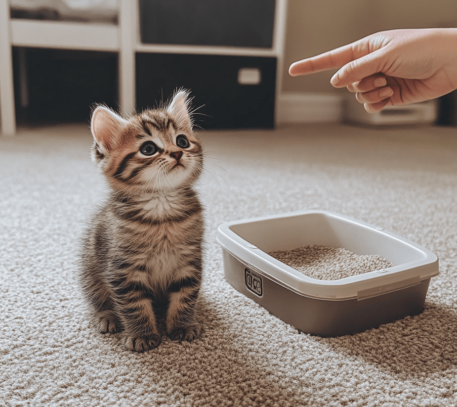 To illustrate a young kitten being gently introduced to a litter box. 