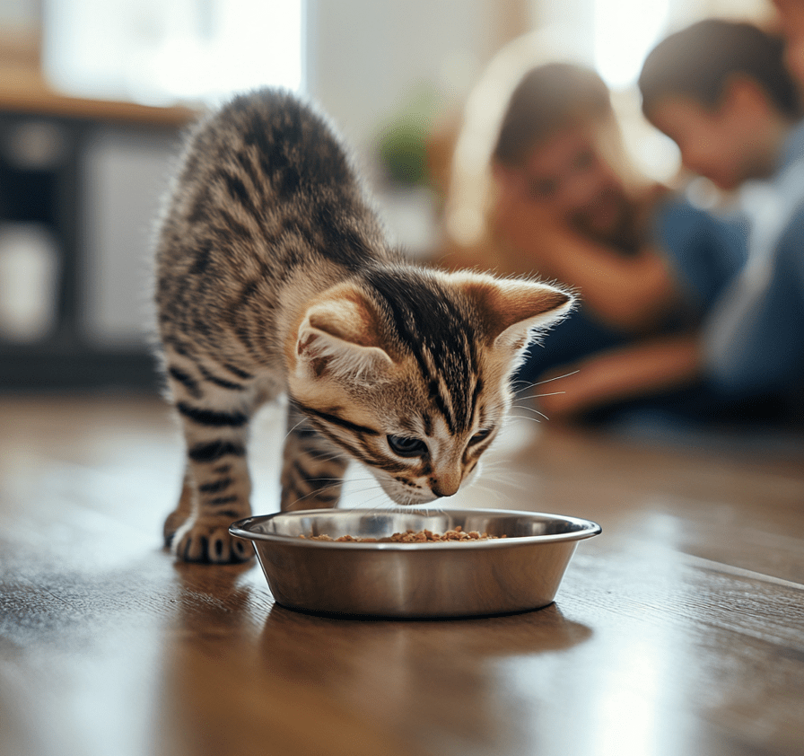 A content kitten eating from a food bowl on the floor, with a water dish and a clean litter tray nearby. The background includes a family watching and smiling. 