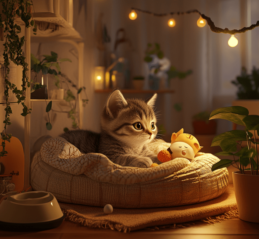 A kitten being introduced into a new home environment, possibly in a cozy room with bedding and a small play area.