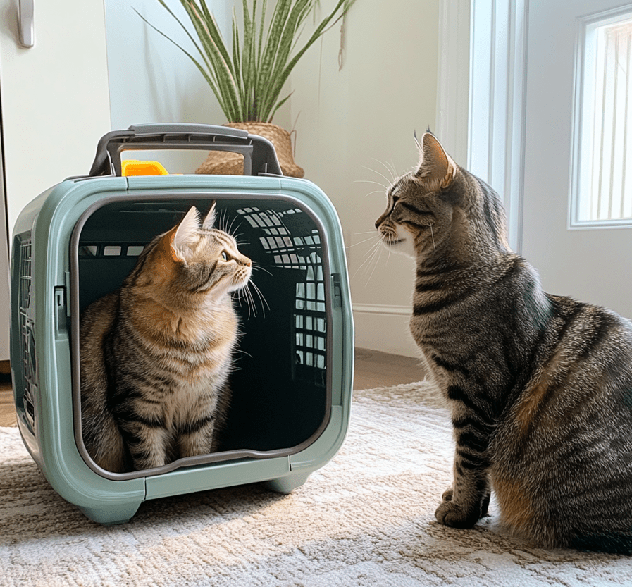 A controlled introduction of two cats, with one safely in a carrier and the other free, both cautiously observing each other.