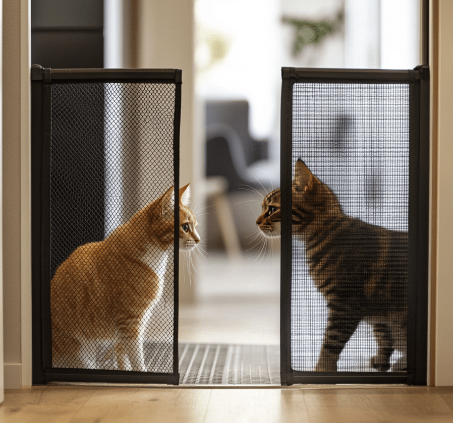 Two cats observing each other through a mesh or baby gate, showing curiosity but not aggression.