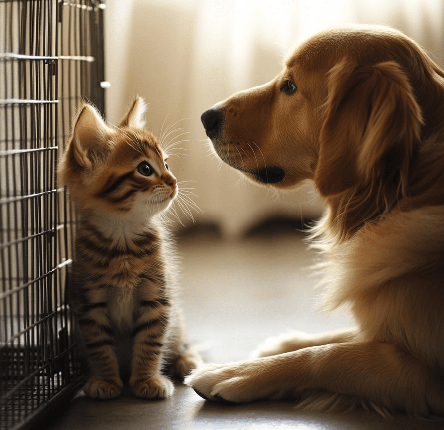 A kitten safely in a pen, with a dog observing calmly from a distance. Both pets appear curious, but the situation is calm.