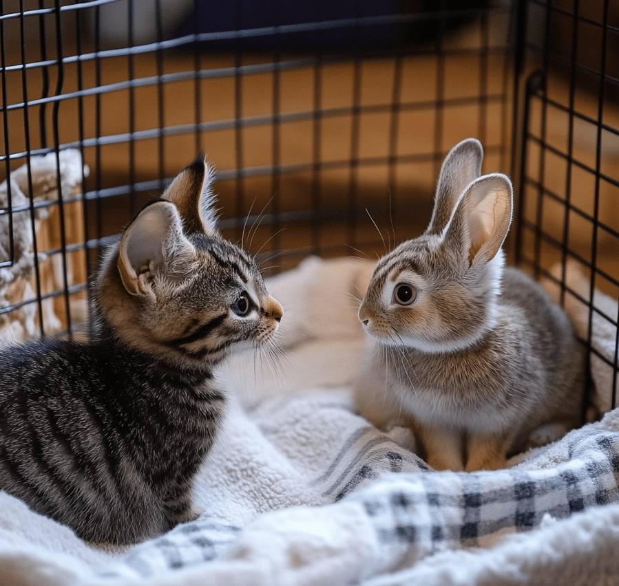 A kitten and a rabbit meeting in a controlled environment, with the kitten in a crate and the rabbit cautiously observing.