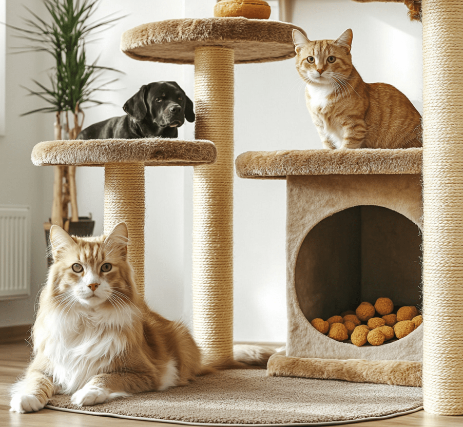 A dog and cat with separate feeding areas or personal spaces in the same home, showing both animals comfortable in their own zones.