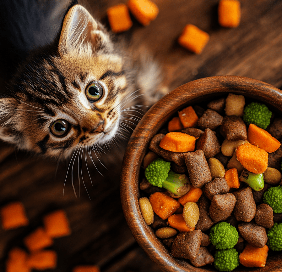 A close-up of a kitten's food bowl with high-quality kitten food ingredients, emphasizing balanced nutrition.
