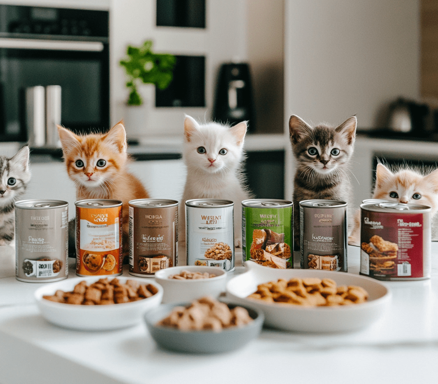 Different types of kitten food (wet and dry) on a kitchen counter or pet store shelf, highlighting variety.
