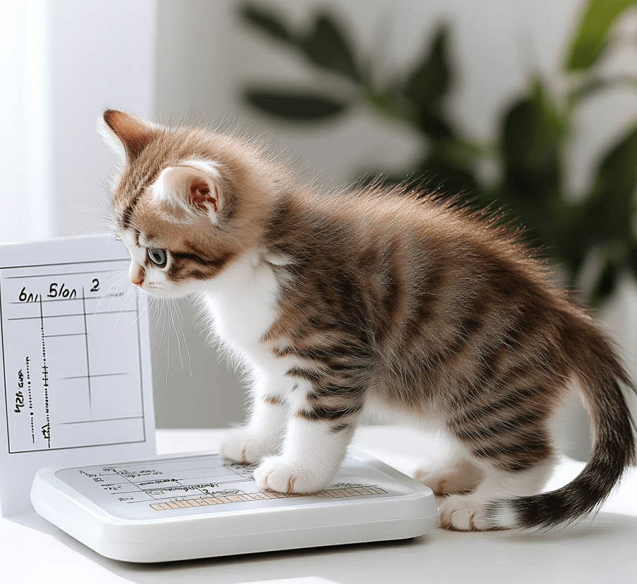 A scale or weight chart with a kitten being weighed, perhaps alongside a growing kitten photo to show the growth.
