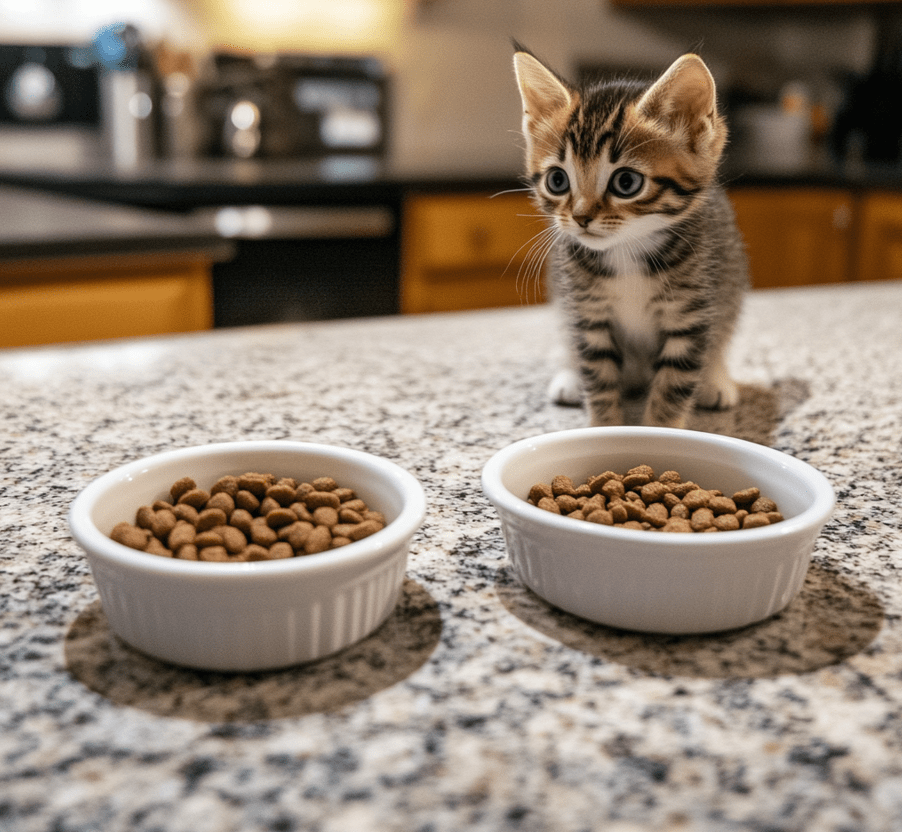  A gradual mixing of kitten food with adult food in bowls, showing the transition process.
