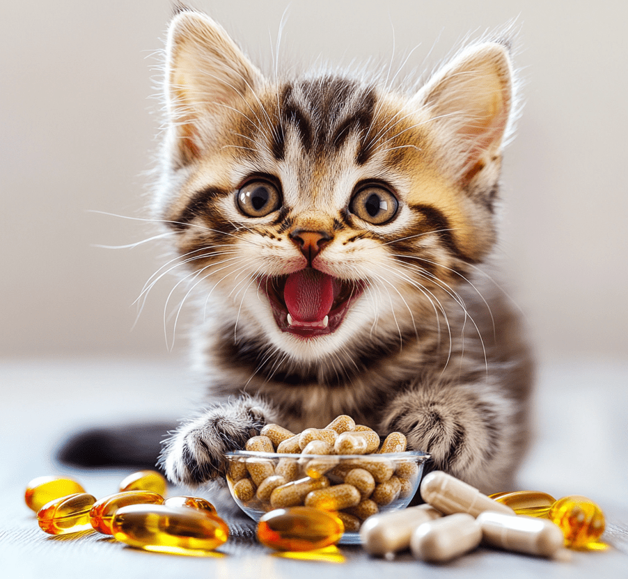 A selection of kitten supplements, such as vitamins or oils, placed next to a healthy kitten eating or playing.