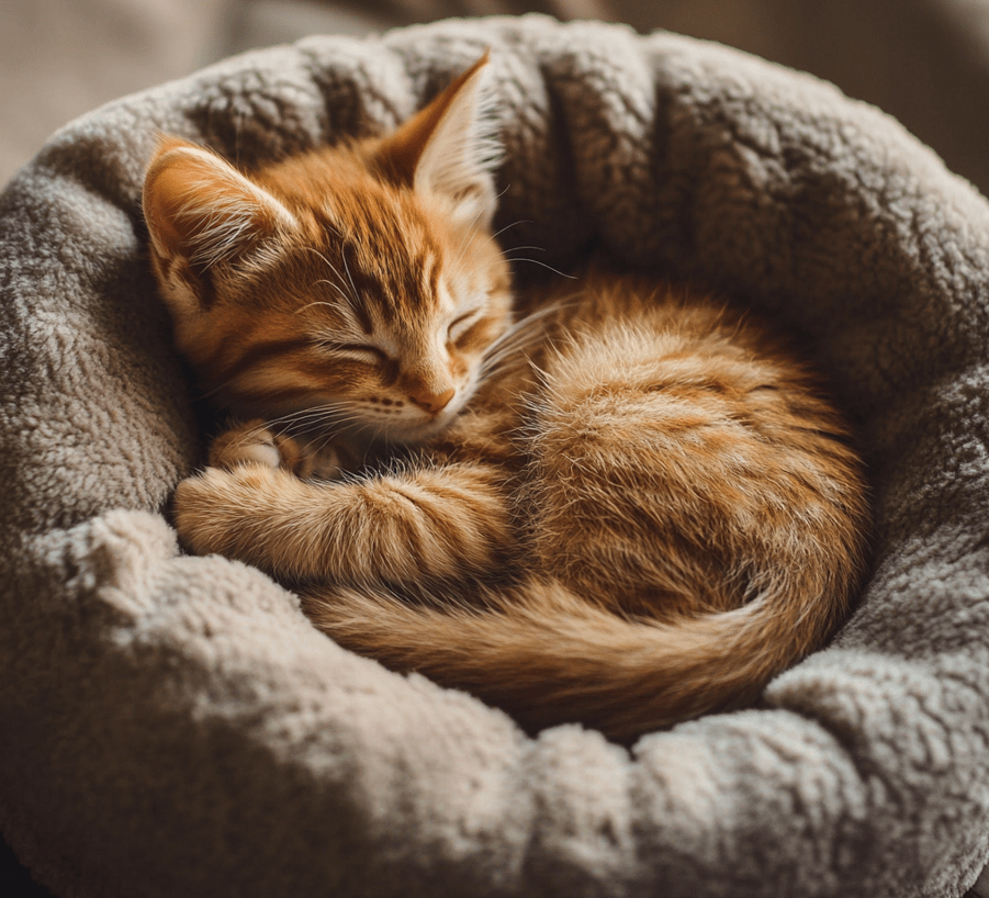 A happy, well-fed kitten curled up in a comfortable spot, indicating good health and well-being.
