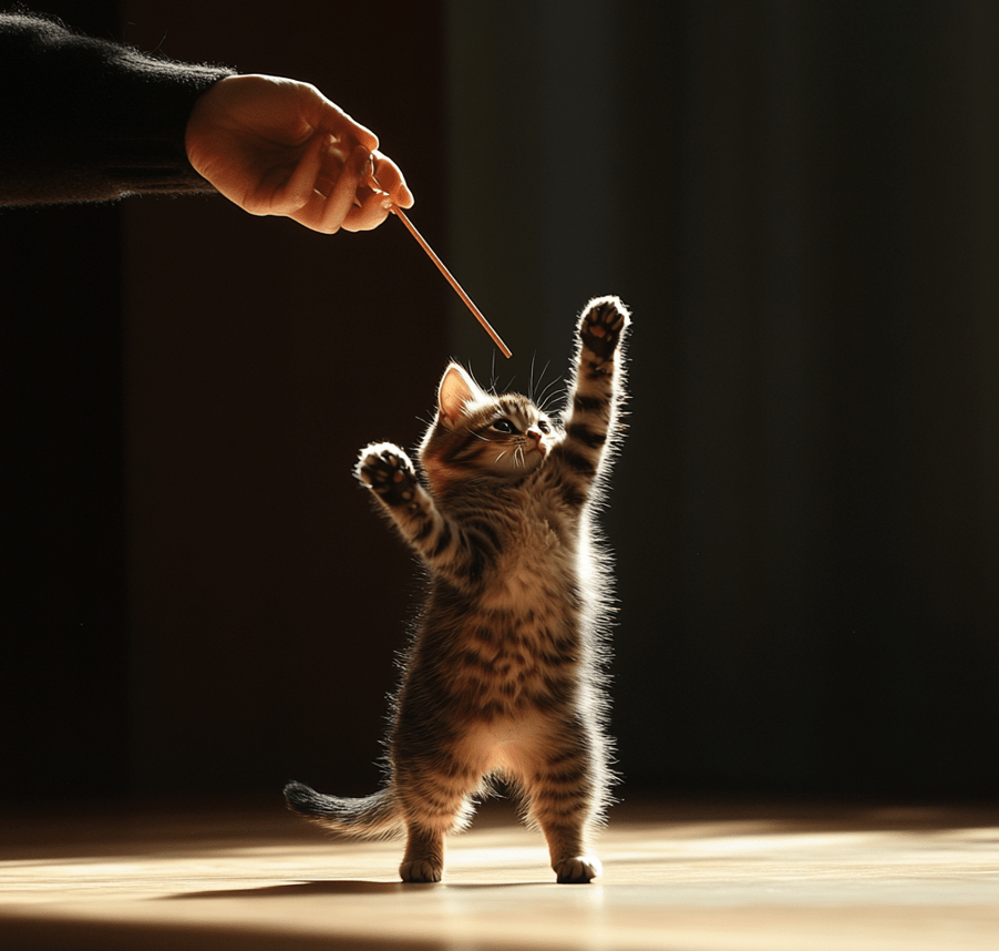 These tricks can be illustrated with an action shot of a cat performing the "spin" or "jump." 