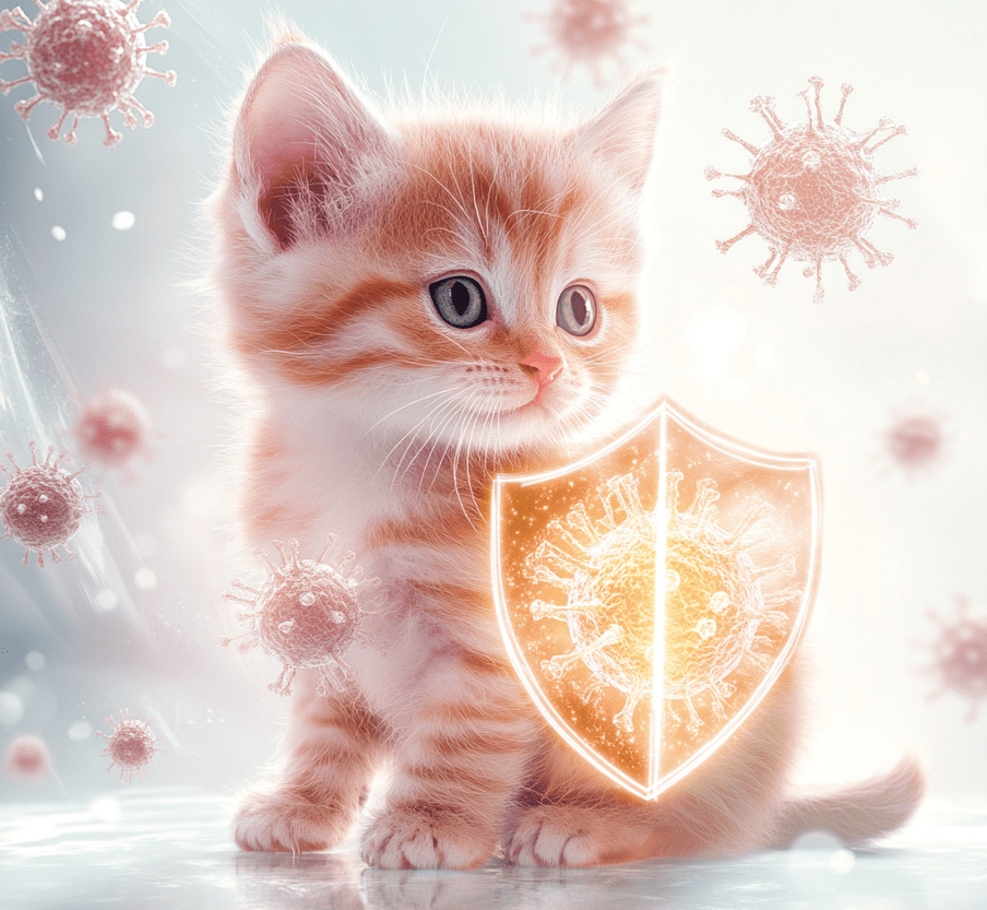 A kitten with a thought bubble illustrating its immune system, with a shield protecting it. 