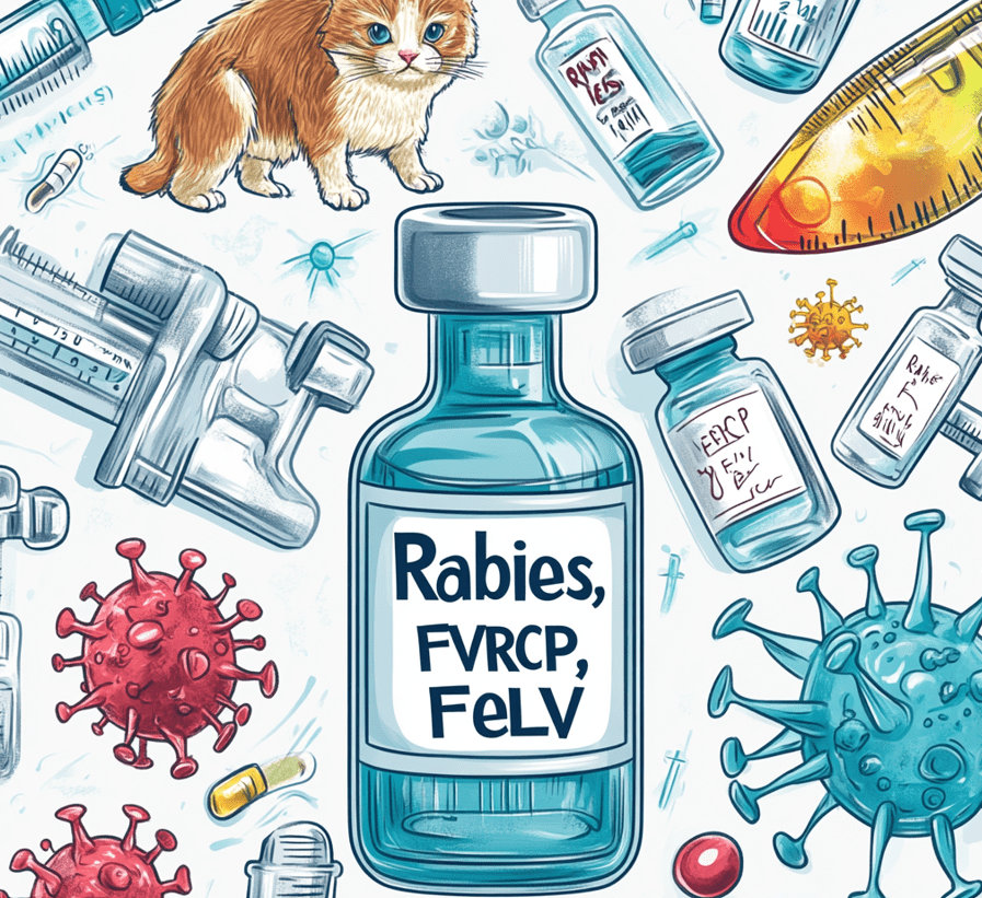 A collage of vaccine vials and illustrations of the diseases (rabies, FVRCP, FeLV, etc.). 