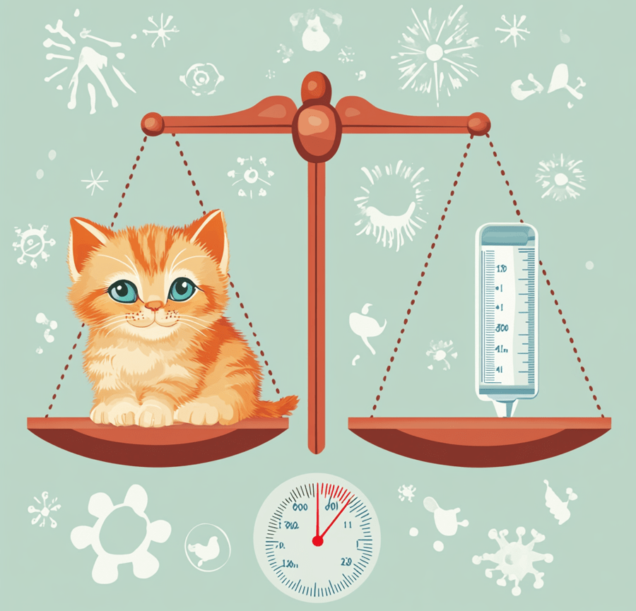 A balance scale with the benefits of vaccination on one side (a healthy kitten) and the risks (mild symptoms or reactions) on the other side. 