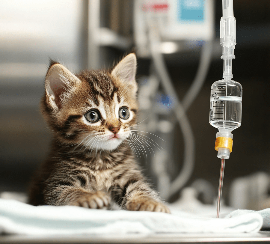 A sick kitten lying in a hospital bed or showing signs of distress, like vomiting or severe dehydration. 
