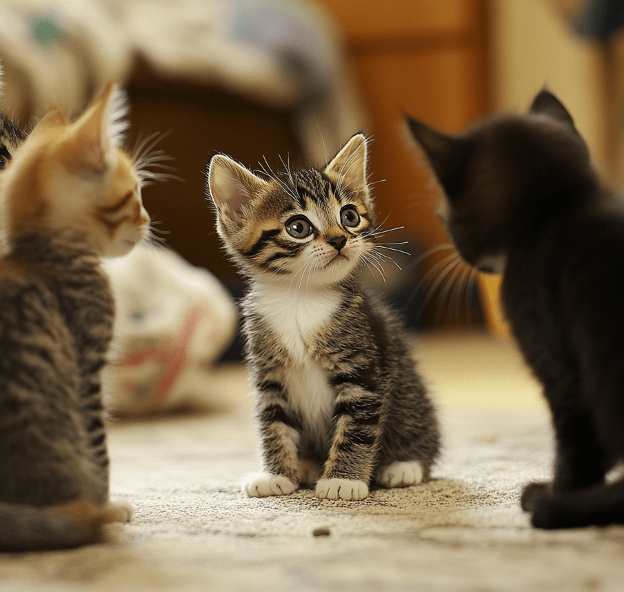 A kitten interacting with other cats, potentially showing signs of weakness or isolation, indicative of FeLV.
