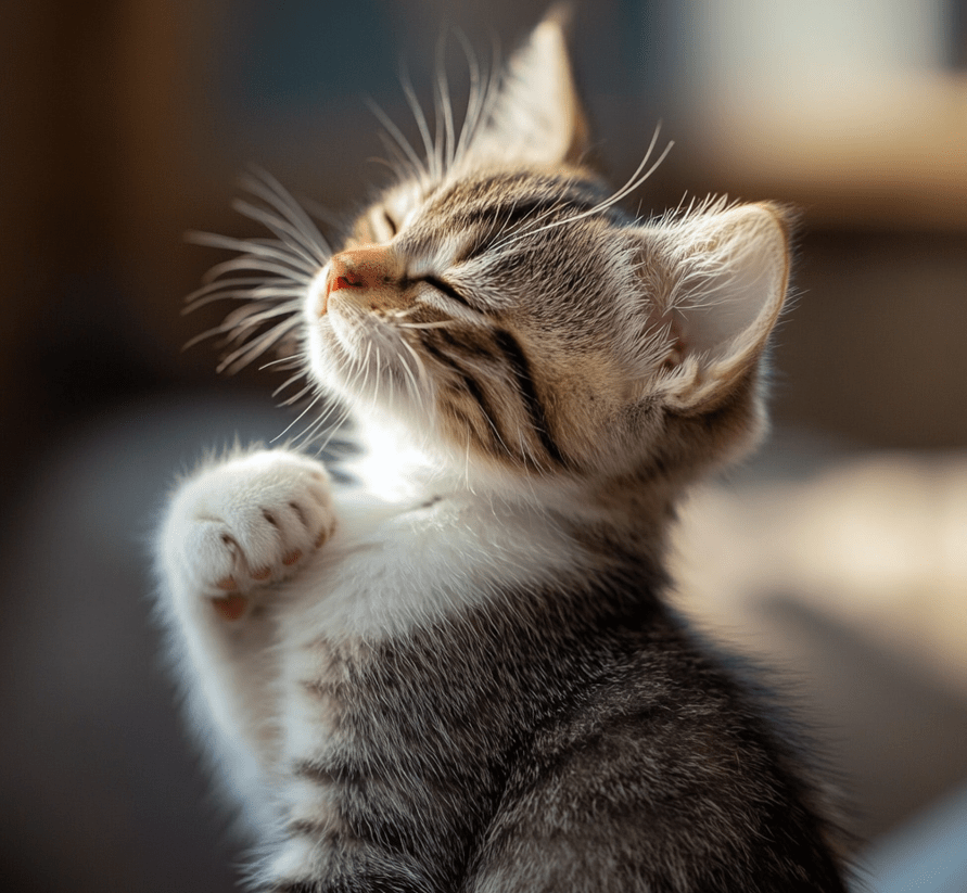 A kitten scratching at its ear or fur, showing clear signs of flea infestation. 