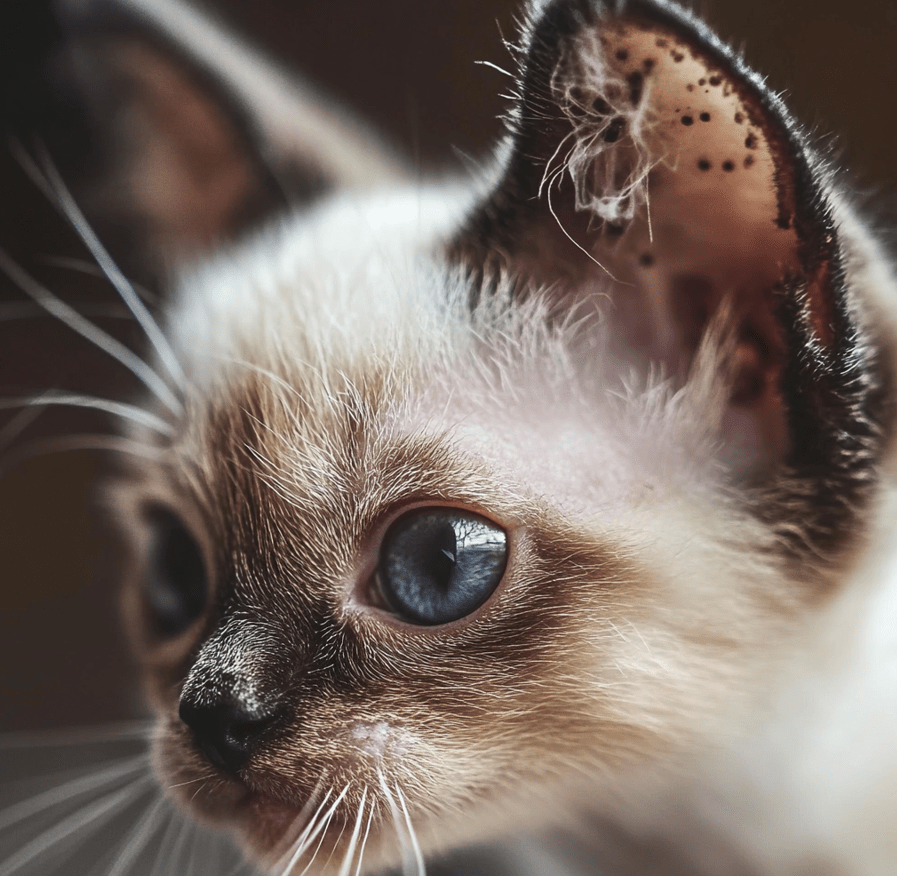 A close-up of a kitten with dark discharge in its ear, showing signs of ear mites. 
