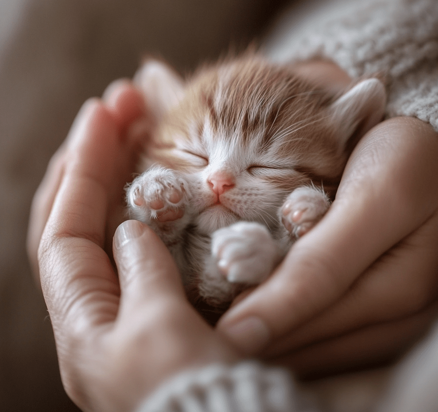 A delicate newborn kitten being gently handled, showing signs of weakness or fading. 
