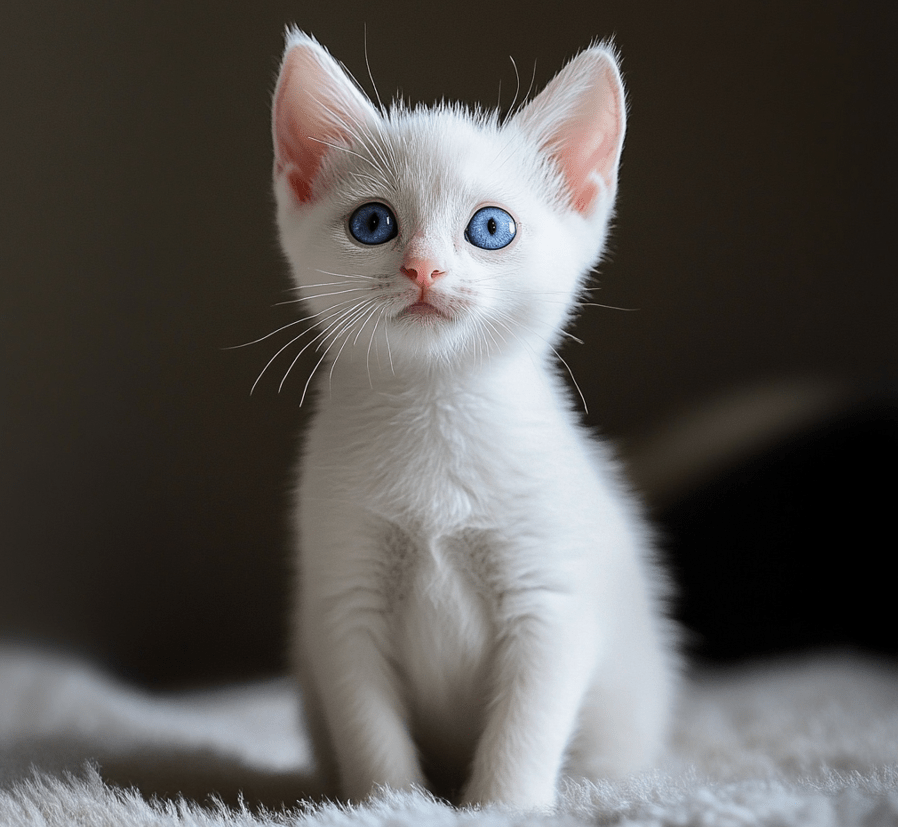 A white kitten with blue eyes, looking curious, indicating its deafness.
