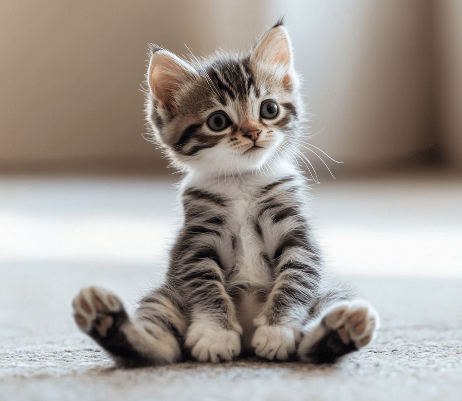 A kitten with an awkward sitting posture, showing potential signs of hip dysplasia.
