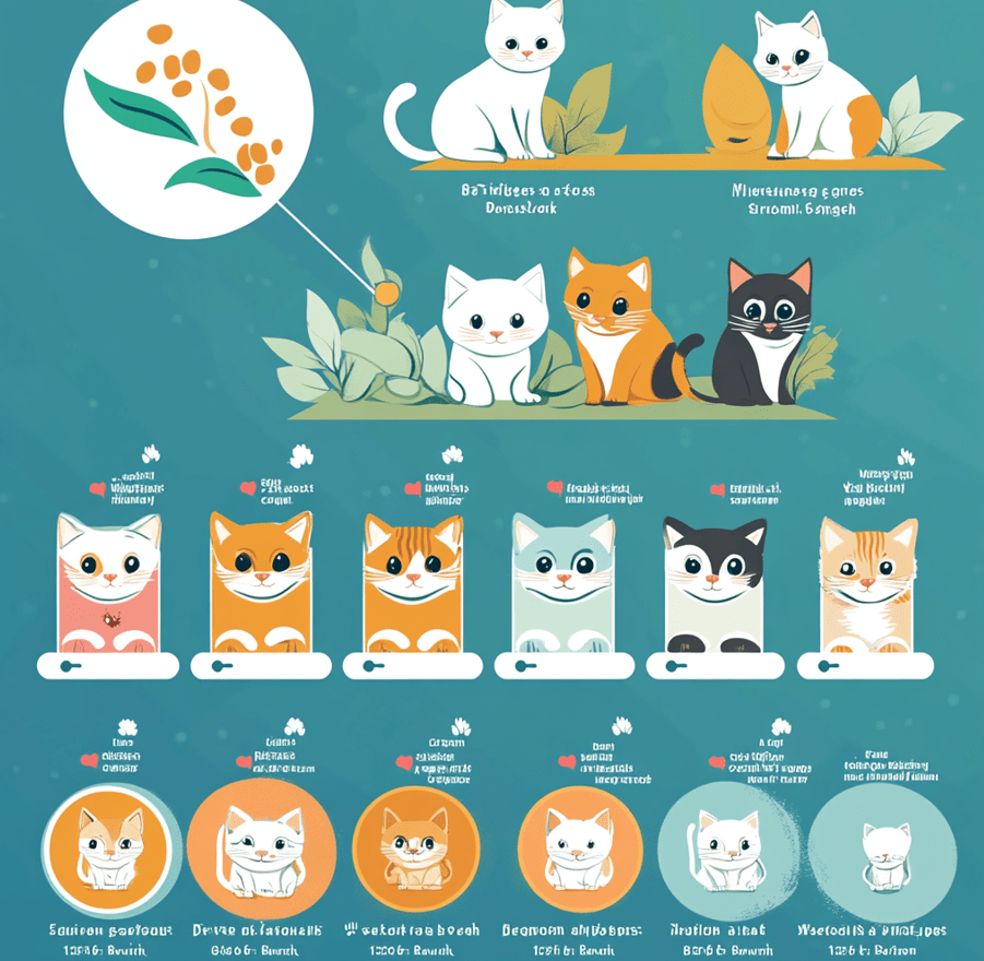 An infographic-style visual showing the deworming schedule (age milestones like 4-6 weeks, 8 weeks, etc.), designed visually with simple icons or graphics of kittens growing over time. 