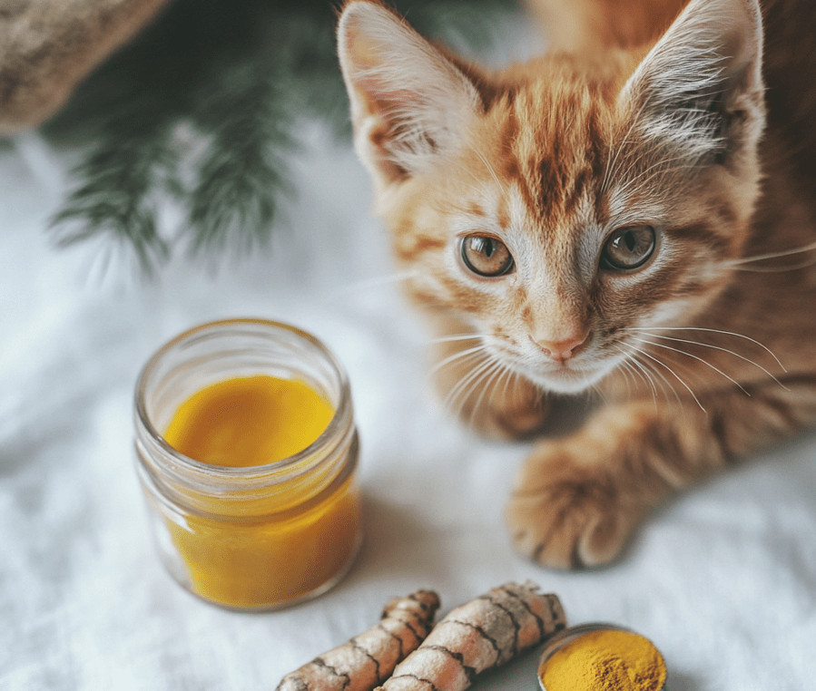 Ingredients like turmeric and coconut oil placed beside a kitten, representing natural remedies (though cautioned in the text).
