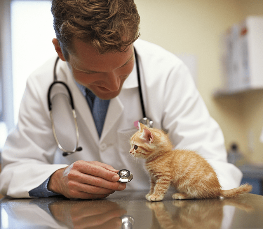 A visual representation of vet consultation, such as a kitten being examined by a veterinarian.
