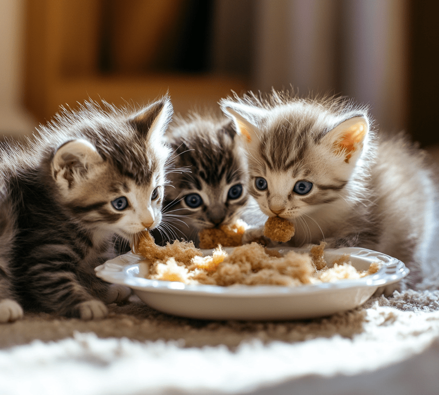 A group of six-week-old kittens eating wet food together.