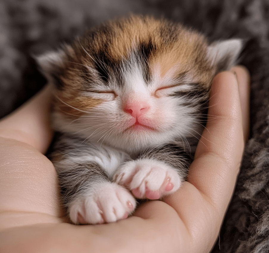 A close-up of a newborn kitten lying in a human palm, highlighting its small size and delicate features.
