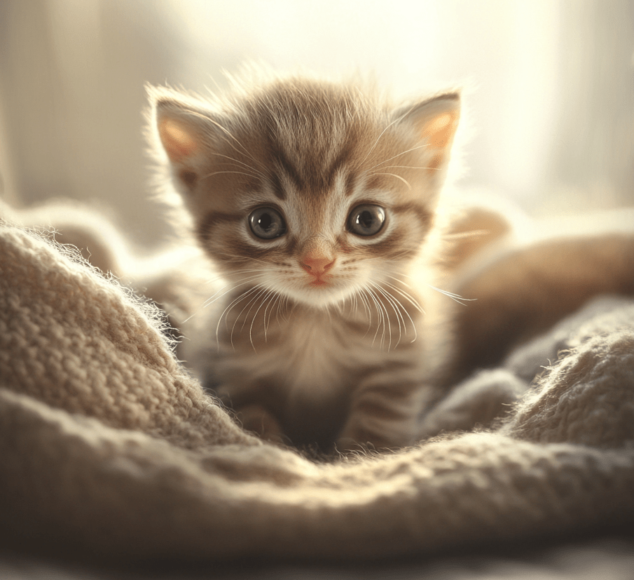  A kitten with partially open eyes and slightly wobbly legs, attempting to stand on a soft blanket.
