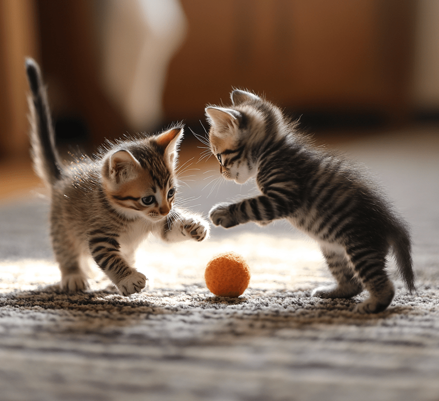 Kittens playing with each other in a playful pose, with some attempting to climb or bat at a small toy.
