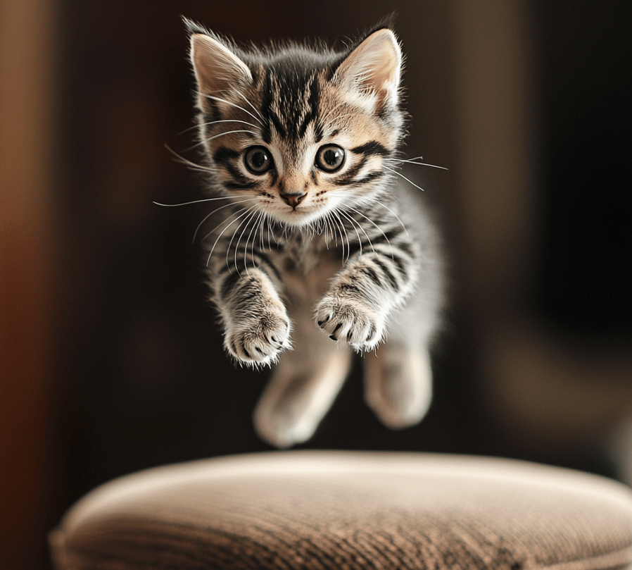 A curious kitten leaping from a small piece of furniture, caught mid-air, with bright, focused eyes.
