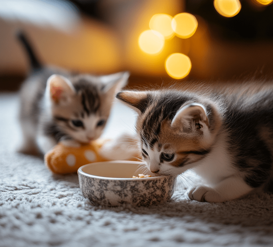 A slightly larger kitten eating from a bowl while another kitten plays nearby, symbolizing their independence and playful nature.
