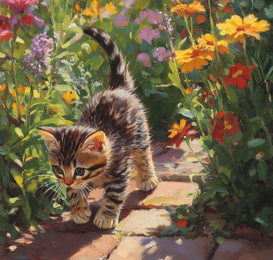 A young kitten exploring a garden or outdoor area, looking curious and alert.
