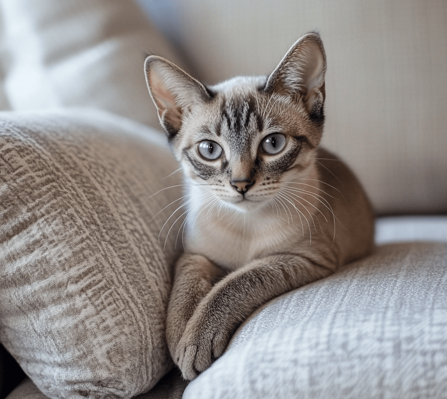 A nearly adult cat lounging gracefully on a sofa, exuding confidence and maturity.
