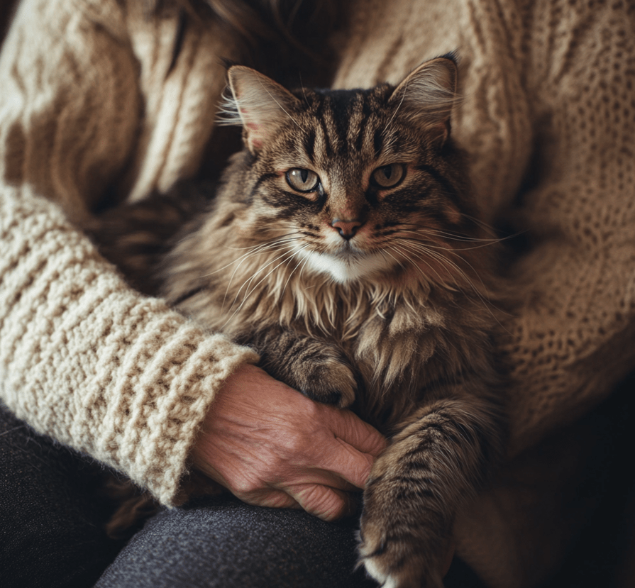 A happy, healthy adult cat sitting beside its owner, showcasing the rewards of proper care and love.
