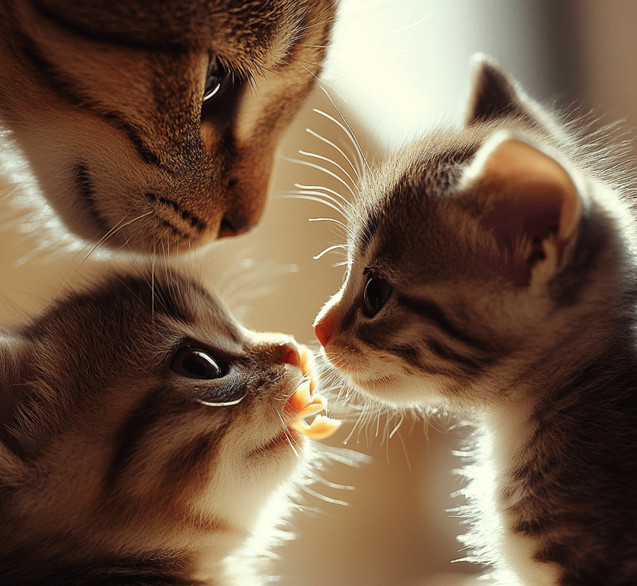 A young kitten, approximately 2-4 weeks old, showing early signs of teeth growth, cuddled near its mother or exploring food for the first time.
