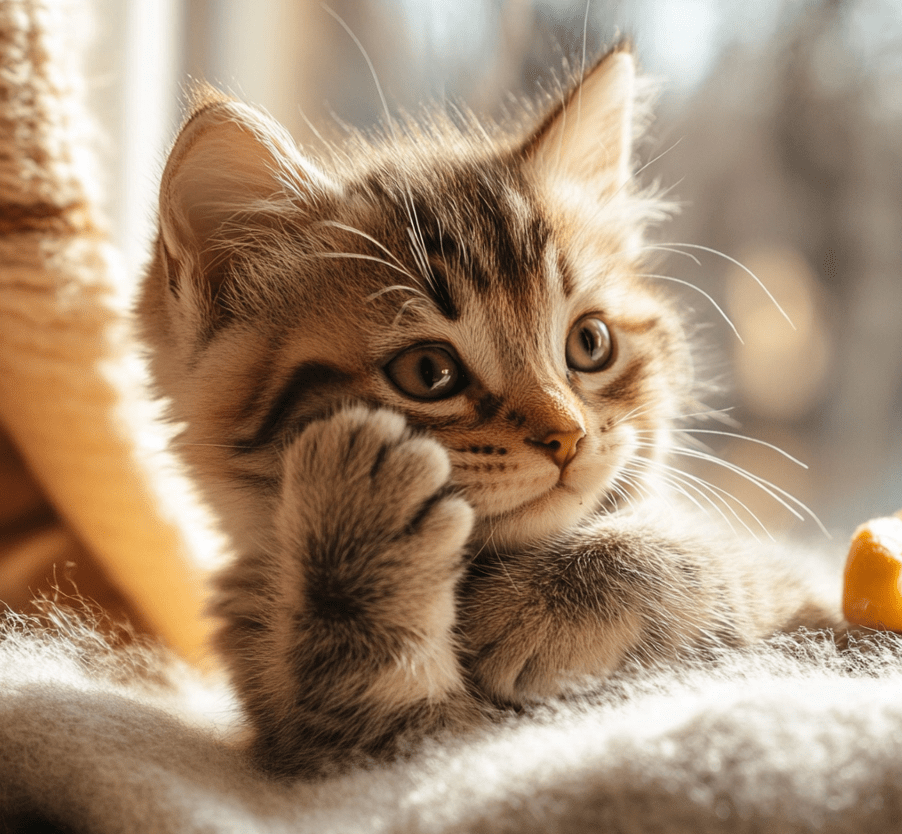 A kitten gently rubbing its face with its paw, possibly drooling slightly, with a playful yet slightly irritable expression.
