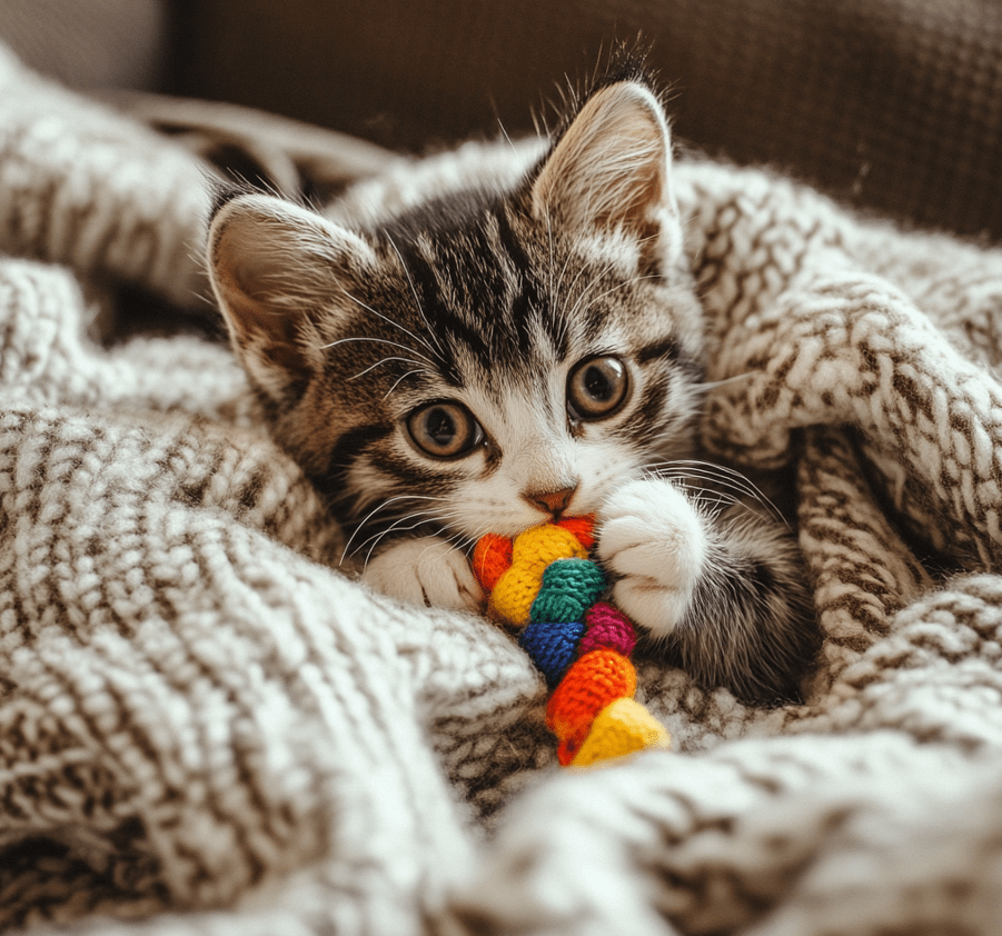 A playful kitten chewing on a colorful teething toy or a frozen washcloth, looking content and engaged.
