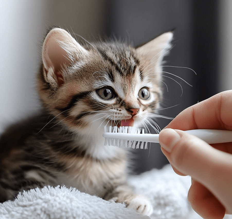 A kitten being gently brushed with a soft finger brush by a caring hand, with visible toothpaste suitable for cats.
